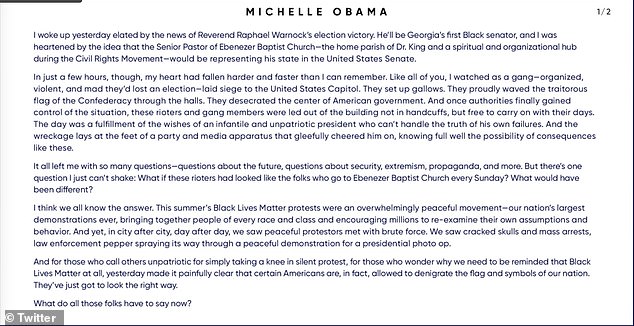 (Scroll down to read the statement in full) In a statement posted to her social media accounts, Obama also slammed the lenient police response to the mob, arguing that it was a far cry from law enforcement's crackdown on Black Lives Matter protesters this past summer