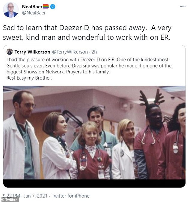 'A very sweet, kind man and wonderful to work with on ER': Neal Baer, who wrote several episodes of ER, tweeted: 'Sad to learn that Deezer D has passed away'