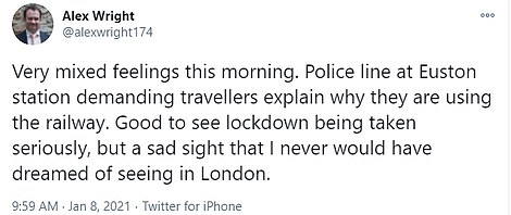 Police at Euston were this morning seen stopping passengers to ask where they were going. Barrister Alex Wright tweeted: 'Good to see lockdown being taken seriously, but a sad sight that I'd have dreamed of seeing in London'