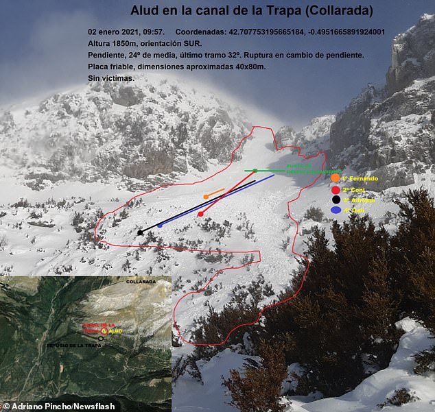 Pictured is the route taken by the skiers (main image) and the location where the avalanche took place (inset)