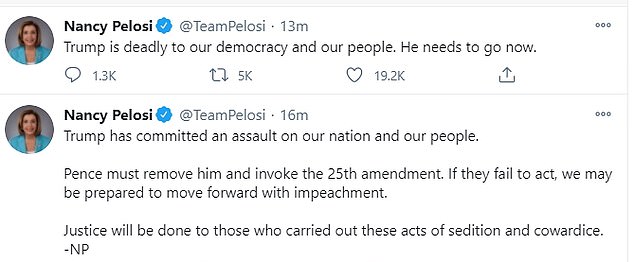 Pelosi tweeted shortly after her
 press conference: 'Trump is deadly to our democracy and our people. He needs to go now'