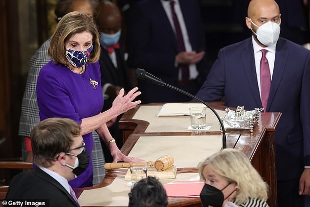 Speaker Nancy Pelosi presided over the debate. She sanitized the gavel before she used it. Pence had used it when he presided over the Joint Session