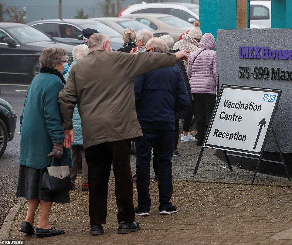 Pensioners pictured queuing outside a vaccination centre in Hemel Hempstead, Hertfordshire, today in a sign Boris Johnson may already be making good on his promise to ramp up the country's roll out
