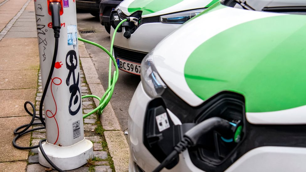 Electric cars charging in Copenhagen, Denmark.