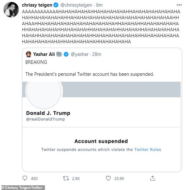 Celebrating: While the president had more than 88.7 million followers, John Legend's wife, 35, made it clear she would not miss his presence by tweeting a representation of heavy laughter