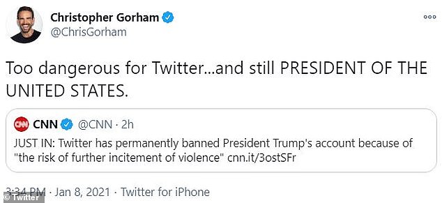 'Too dangerous for Twitter...and still PRESIDENT OF THE UNITED STATES,' Christopher Gorham marveled