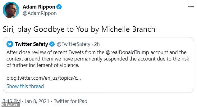 Bye bye: Adam Rippon simply tweeted: 'Siri, play Goodbye to You by Michelle Branch'