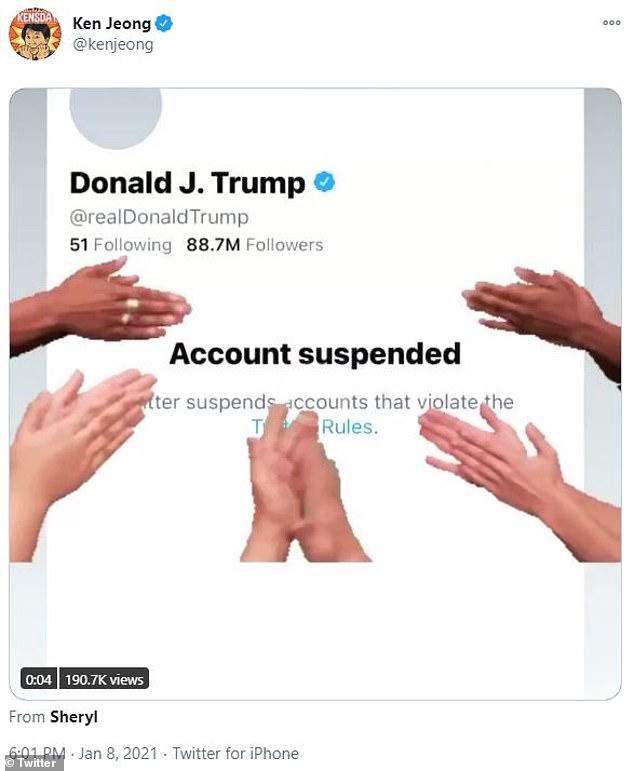 Applause: Ken Jeong reacted by posting a screenshot of Trump's suspended account with a GIF of hands clapping