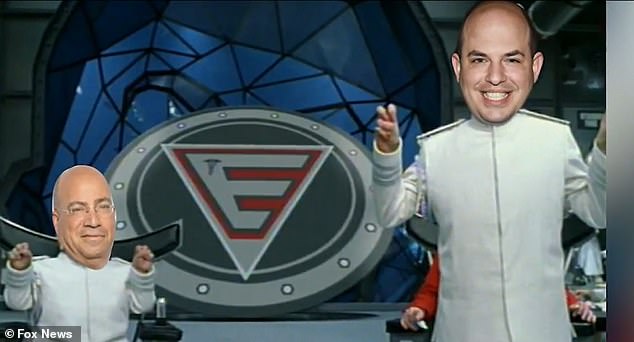 Carlson also launched himself into an extended skit about Zucker in which he cast him as Mini-Me and correspondent Brian Stelter as Dr. Evil, as pictured above
