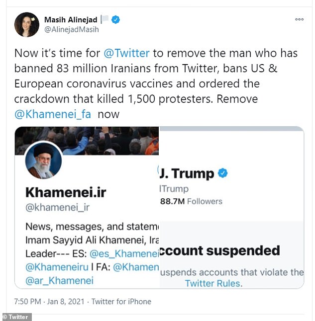 'Now it's time for @Twitter to remove the man who has banned 83 million Iranians from Twitter, bans US & European coronavirus vaccines and ordered the crackdown that killed 1,500 protesters,' declared Iranian journalist and activist Masih Alinejad. 'Remove @Khamenei_fa now'