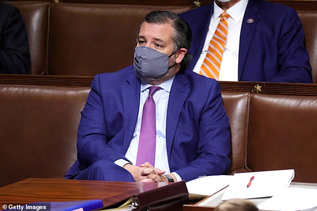 Voted down: Cruz was among eight Republican senators that objected to Joe Biden's victory in the November presidential election; Cruz seen in the House Chamber on January 6