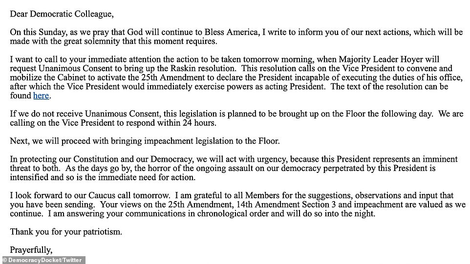 Pelosi wrote to her Democrat colleagues on Sunday night to explain the next steps