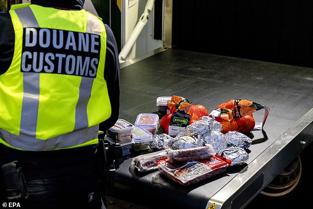Dutch customs officers can be seen confiscating dozens of sandwiches and packets of meat from people arriving via ferry from the United Kingdom at Hoek van Holland, the Netherlands