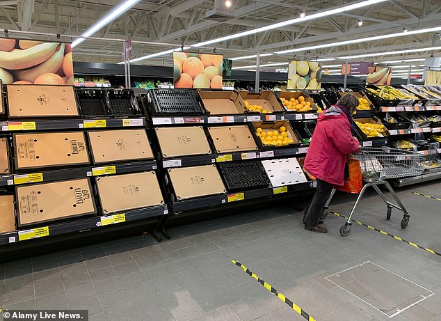 Lettuce, cauliflower packs, oranges, strawberries, raspberries and blueberries are listed as ‘out of stock’ in some areas on Tesco’s website. Pictured: Sainsbury's runs low on fruit and veg in Haverhill, Suffolk