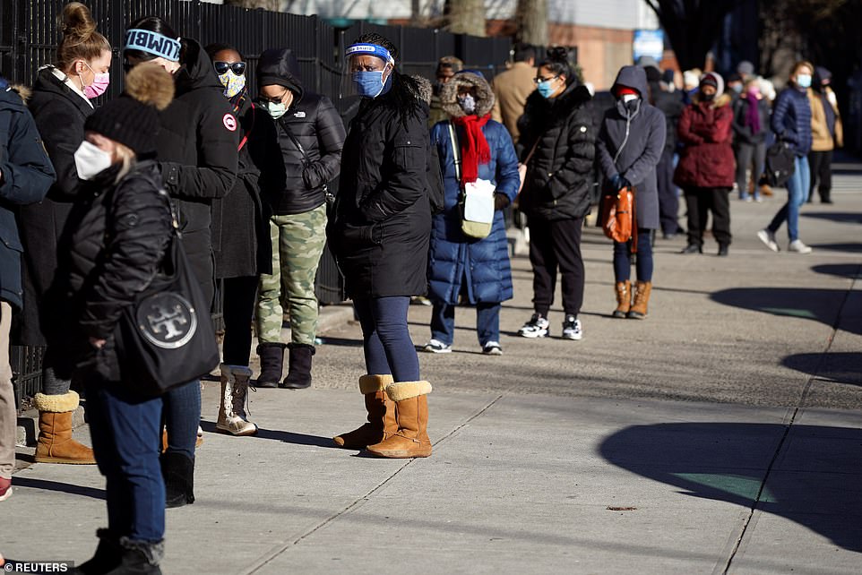 The vaccine rollout has been slow in New York. A view of a long line of people waiting for the Moderna vaccine at a vaccination site at South Bronx Educational Campus, in the Bronx borough of New York City on Sunday above