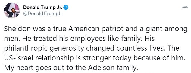 Donald Trump Jr. also called Adelson an 'American Patriot', pictured above