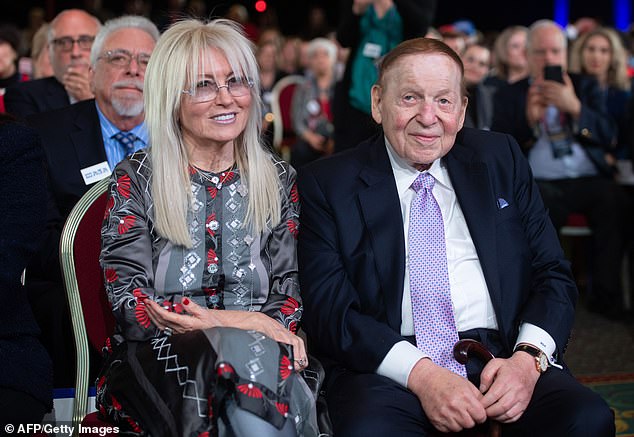 Adelson and his wife Miram, 75, (together in 2019) set new records for political donations in the 2020 cycle, giving a total of $218 million to Republican causes