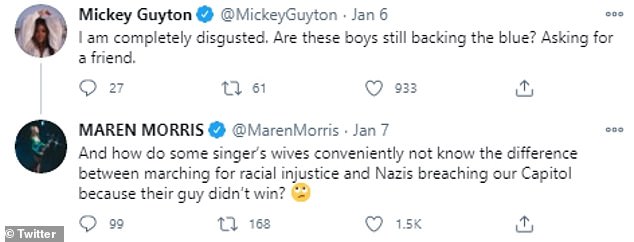 Pulling no punches: Guyton took to the site to post about the coup attempt as Morris replied as she referenced 'singer's wives'