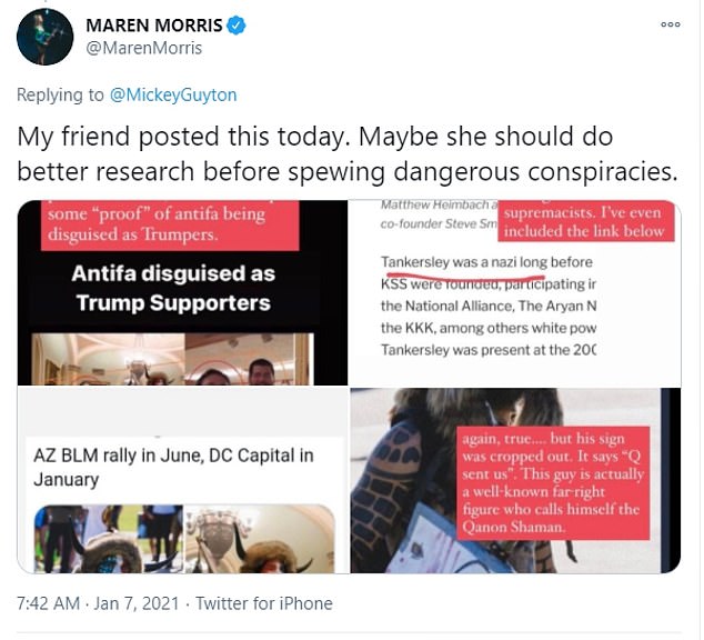 'Maybe she should do better research before spewing dangerous conspiracies': Maren then replied with an 'Antifa disguised as Trump supporters' image that had been circulated around the internet along with a series of screen shots debunking the legitimacy of it