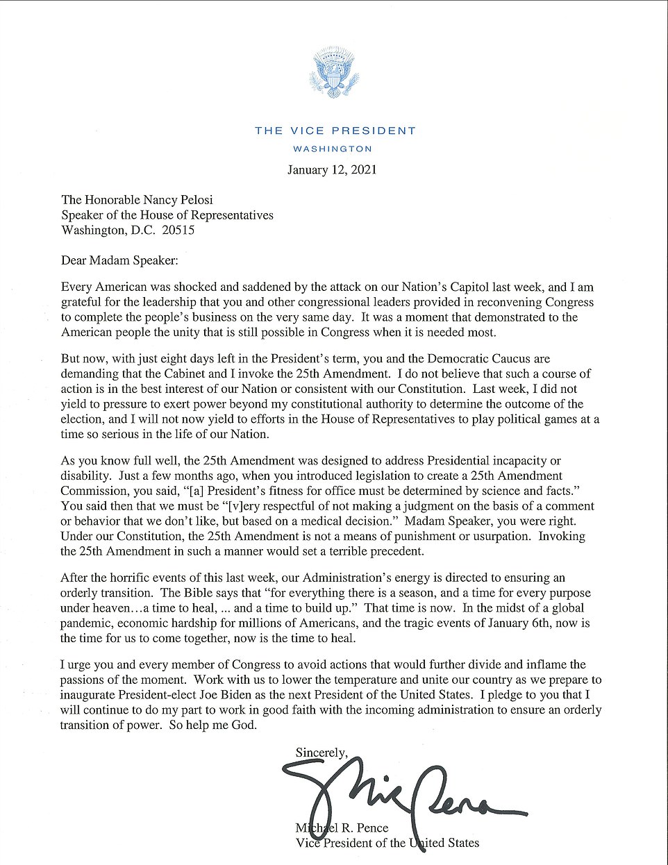Vice President Mike Pence released the letter he had sent to House Speaker Nancy Pelosi as the House was taking its first vote on the resolution that pressures him to invoke the 25th Amendment