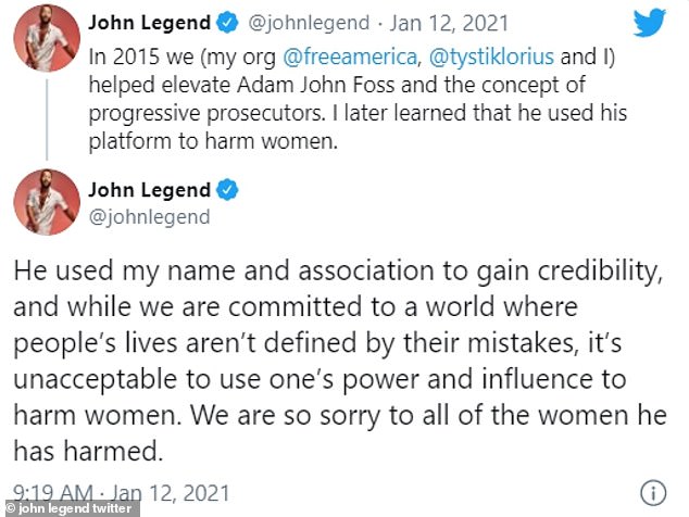 Not okay: The 42-year-old EGOT winner took to Twitter to issue an apology for 'elevating' Foss back when Legend and his organization, Free America, were working on a public awareness campaign about criminal prosecutors