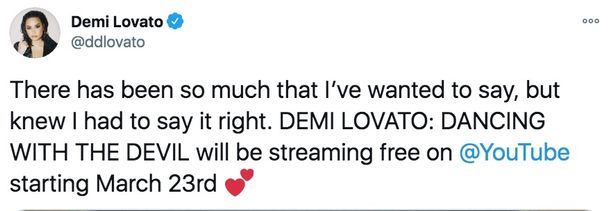 Demi Lovato tweets about her documentary