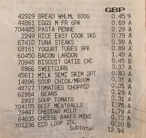 The receipt from Jo's shop in Aldi - goods including rice, pasta, cheese and meatballs were bought in family sizes and then divided per 1/4 or half a portion to get the correct prices listed below