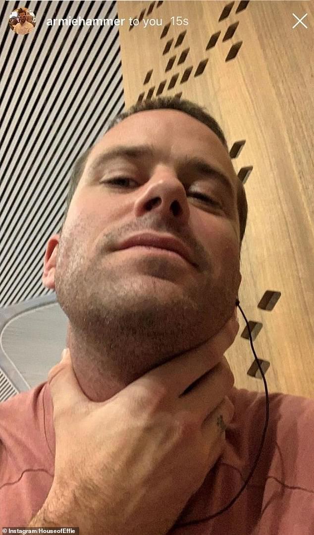 Though the messages are unverified, the user attempted to prove their authenticity by sharing private photos alleged to be from Hammer. One includes a photo that seems to be sent from Hammer's official Instagram account where he grabs his neck, presumably to imitate choking himself (pictured)