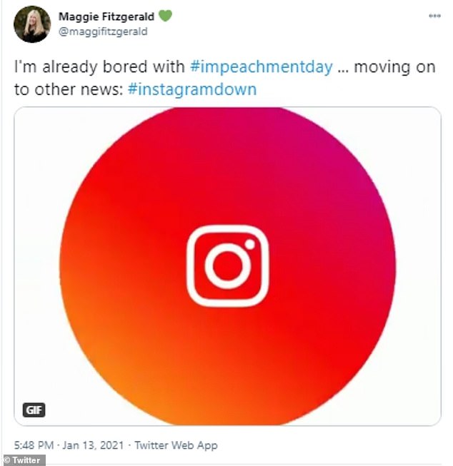 Maggie Fitzerald joked that she was bored with #impeachmentday and is moving on to other news that Instagram is down. DownDetector show reports of problems began around 5:00pm ET, but the cause or when it will be restored are unknown