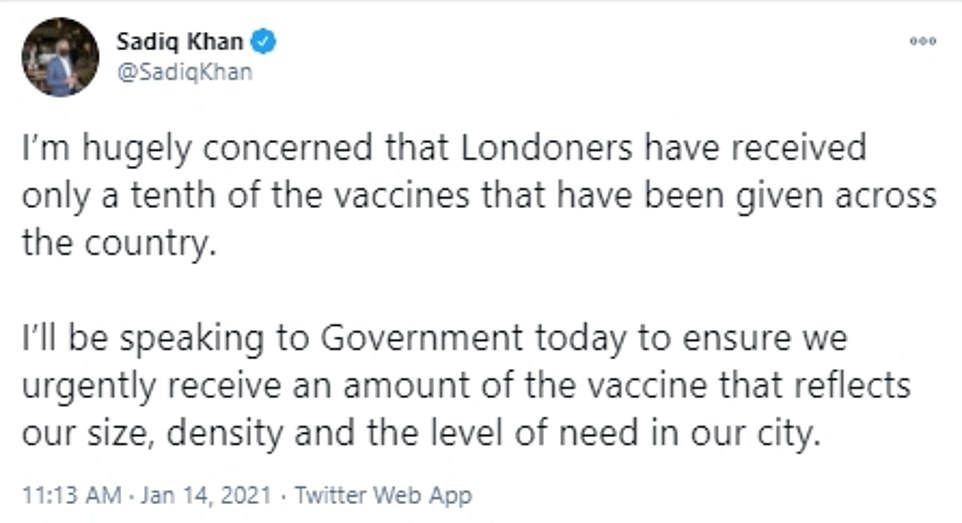 The Mayor said he is 'hugely concerned' to learn the amount of Londoners who have been given the Covid vaccine