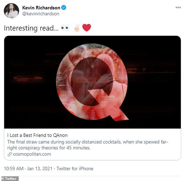 Not great: Kevin shared an article from Cosmopolitan which detailed a first-hand account of losing a friendship due to the conspiracy theory-driven beliefs of a QAnon member