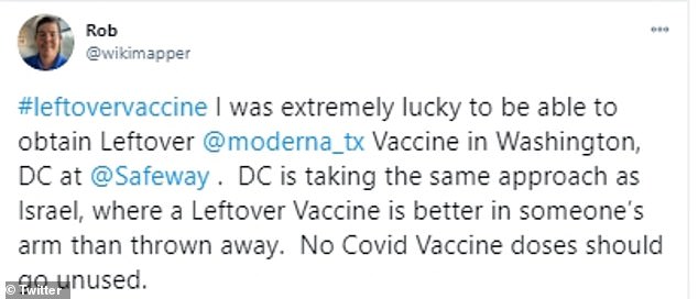 Government contractor Rob Towner, 36, shared a video to Twitter of him receiving the vaccine after arriving to a Safeway in D.C. at around 2pm and waiting until closing