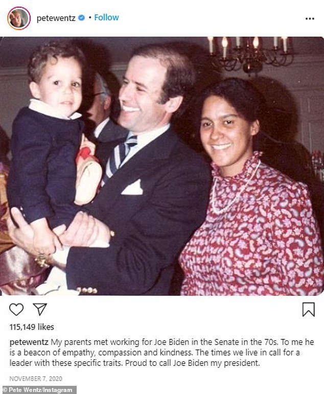 Throwback: After Biden beat Trump in November, Wentz posted a throwback shot of himself as a child being held by Biden next to his mother, Dale Lewis Wentz