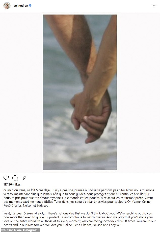 Tribute: 'René, it's been 5 years already¿ There's not one day that we don't think about you,' Dion wrote alongside a closeup photo of herself and Angelil holding hands