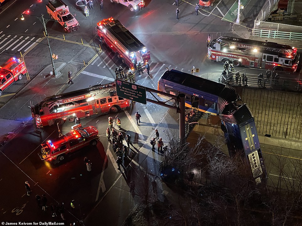 The incident took place at 11.10pm Thursday evening when the bus driver was 'unable to navigate the roadway and/or experienced brake failure' and went off road, the New York Police Department said to DailyMail.com