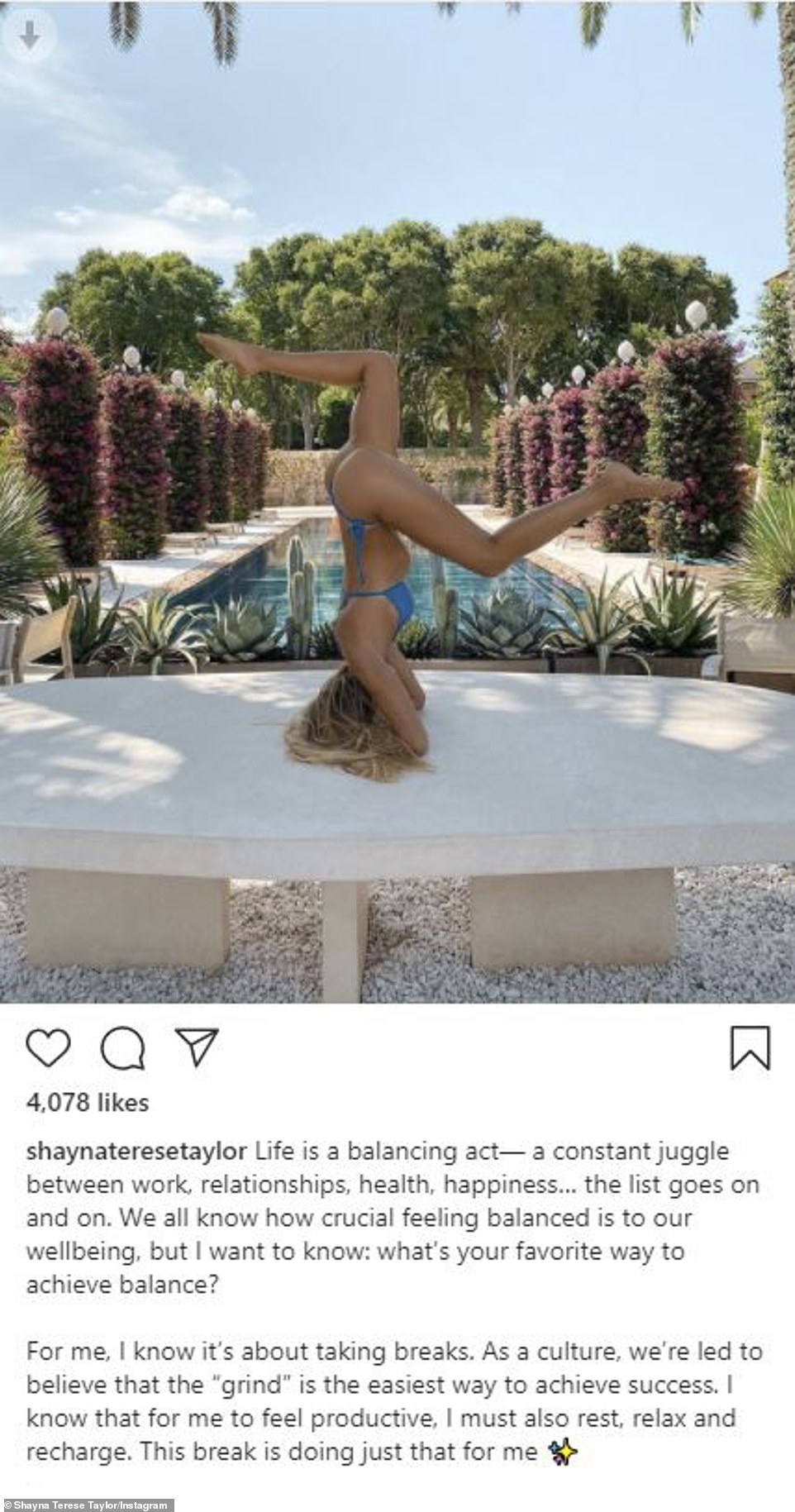 Yoga lover: Hours earlier, Shayna shared a snap of herself in the middle of a yoga pose while in her bikini; the pose was a modified handstand with her legs bent in different directions