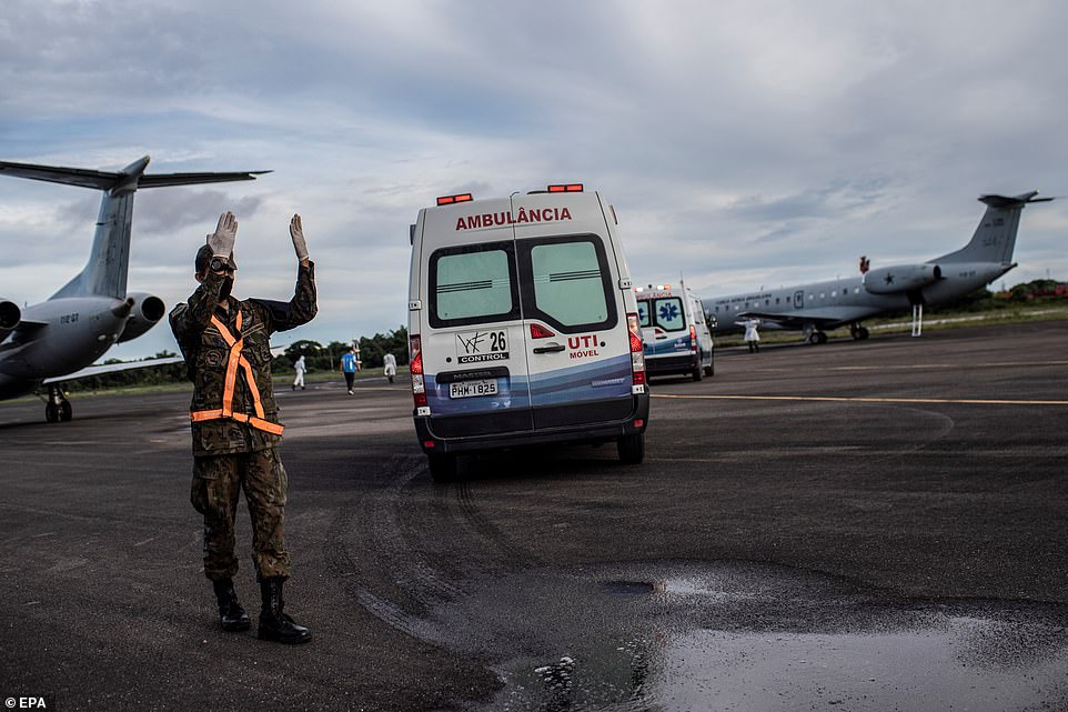 Ambulances take COVID-19 patients to planes to be transferred and treated in other cities in Manaus, Brazil