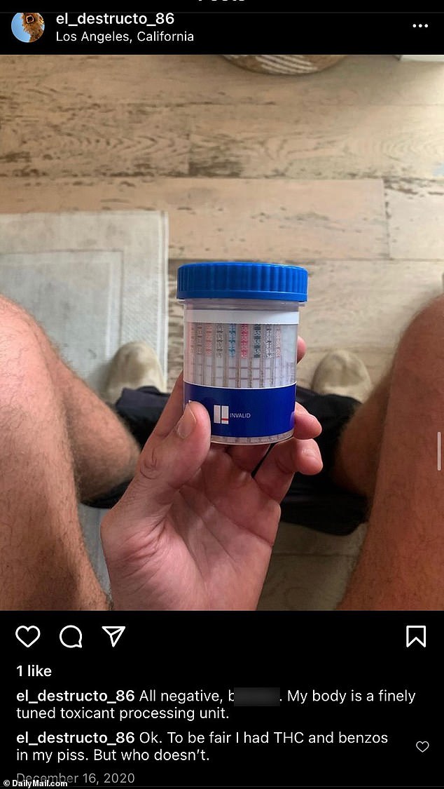 Hammer documented taking his home drug test, writing: 'All negative, b***hes. My body is a finely tuned toxicant processing unit. To be fair I had THC and benzos in my piss. But who doesn't'