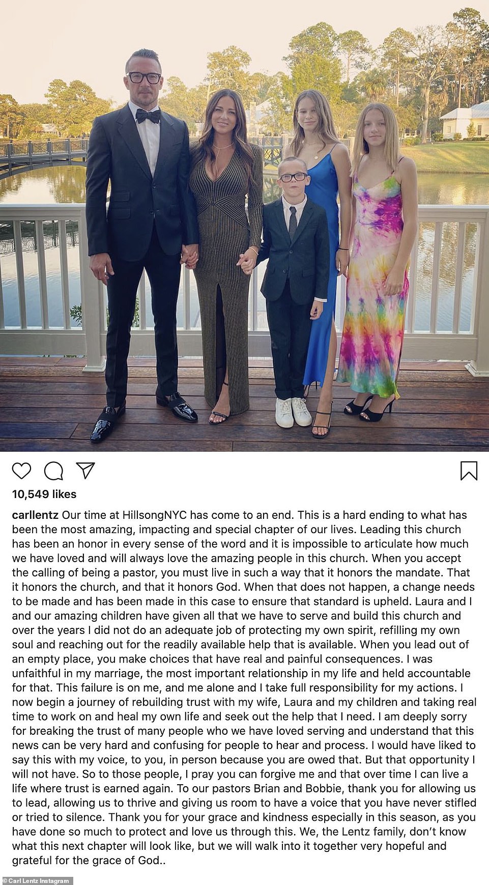 Lentz's Instagram post where he confessed to cheating on his wife of 17 years Laura