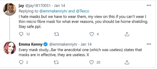 Tweets: Emma has made her views on wearing masks and lockdown clear in several tweets