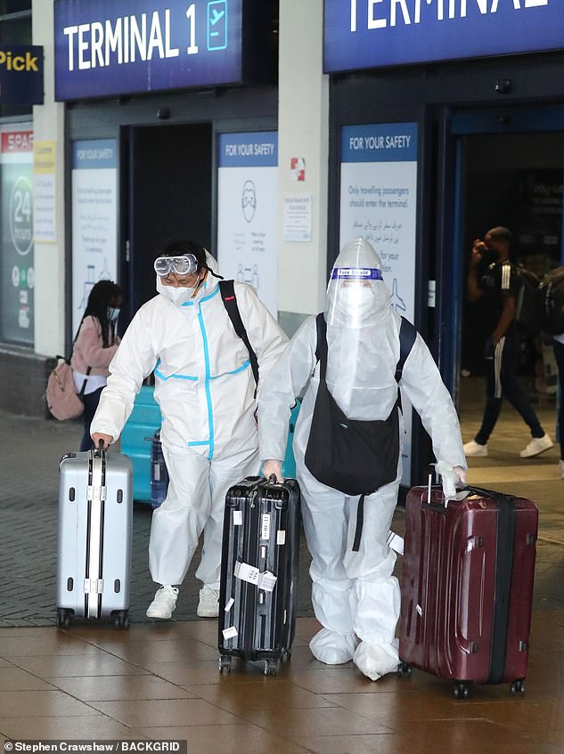 Two students landed at Manchester Airport with full PPE as they landed from their Dubai flight and are heading to York University