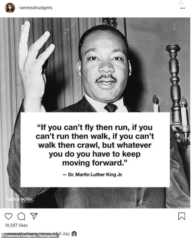 A nice tribute: Vanessa Hudgens shared a photo of the leader and added his quote, 'If you can't fly then run, if you can't run then walk, if you can't walk then crawl, but whatever you do you have to keep moving forward'