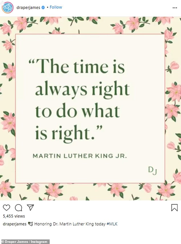 Floral inspired: Reese Witherspoon's company Draper James wrote, 'The time is always right to do what is right.' Then shared, 'Honoring Dr. Martin Luther King today #MLK'
