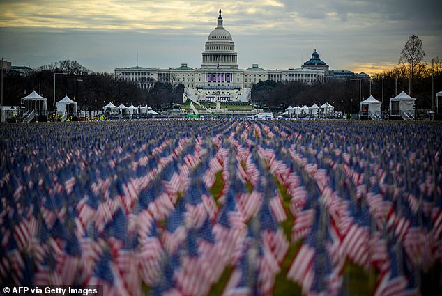Instead of a massive crowd, this year 200,000 miniature flags occupy the National Mall where an audience would usually observe the inauguration