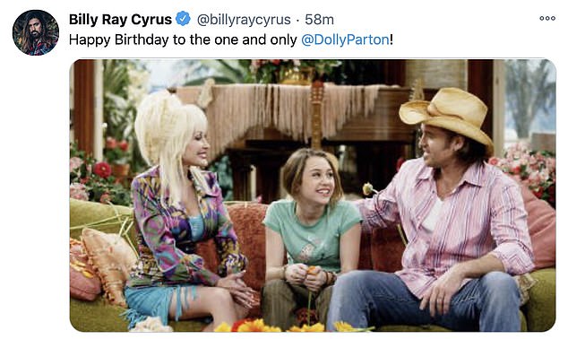 Throwback: Longtime friend Billy Ray Cyrus shared a photo from one of the Jolene singer's cameos on Hannah Montana, the Disney Channel show that made Dolly's goddaughter Miley Cyrus famous