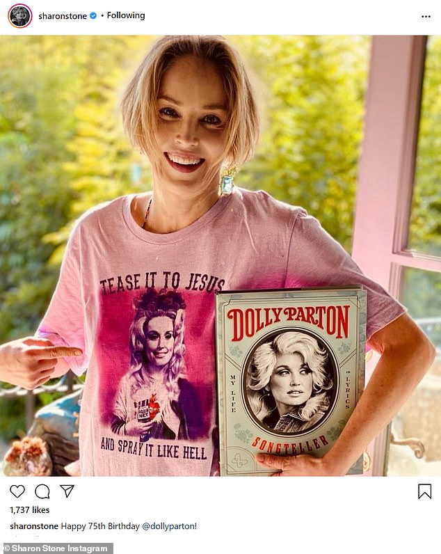 Fan club! Sharon Stone proved she was a super-fan as she posted a photo of herself rocking heaps of Dolly swag and wished the Islands In The Stream singer a happy day