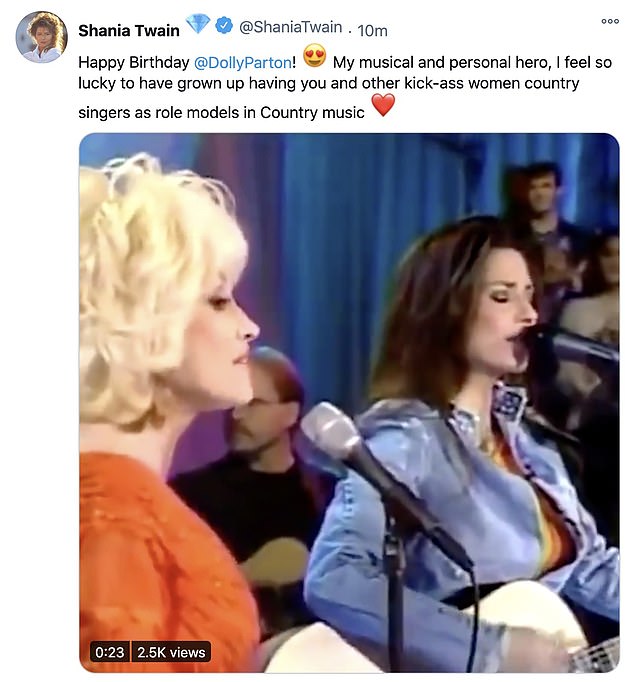 Idol: Fellow country superstar Shania Twain posted a video of the pair performing together and called Parton her 'musical and personal hero'