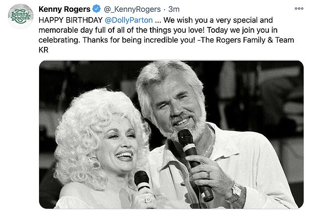 What a pair: The family of later singer Kenny Rogers, a longtime collaborator of Parton's, celebrated by sharing a black and white photo of the duo