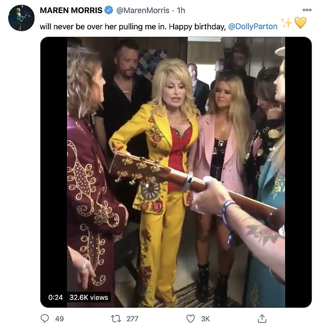 Surreal: Marren Morris posted a video of a her and Dolly singing backstage together, and admitted: '[I] will never be over her pulling me in. Happy birthday, @DollyParton'