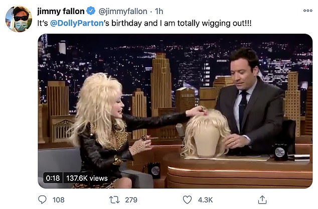 Blonde ambition: 'It's Dolly Parton's birthday and I'm totally wigging out!' joked Jimmy Fallon